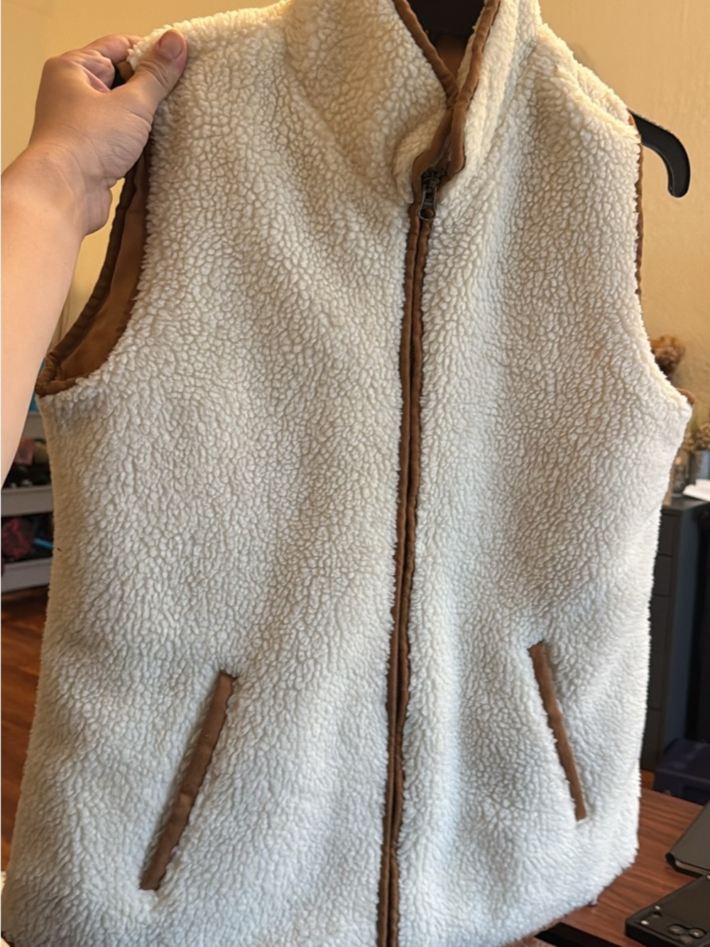 Old Navy Cream Sherpa Vest with Tan Trim